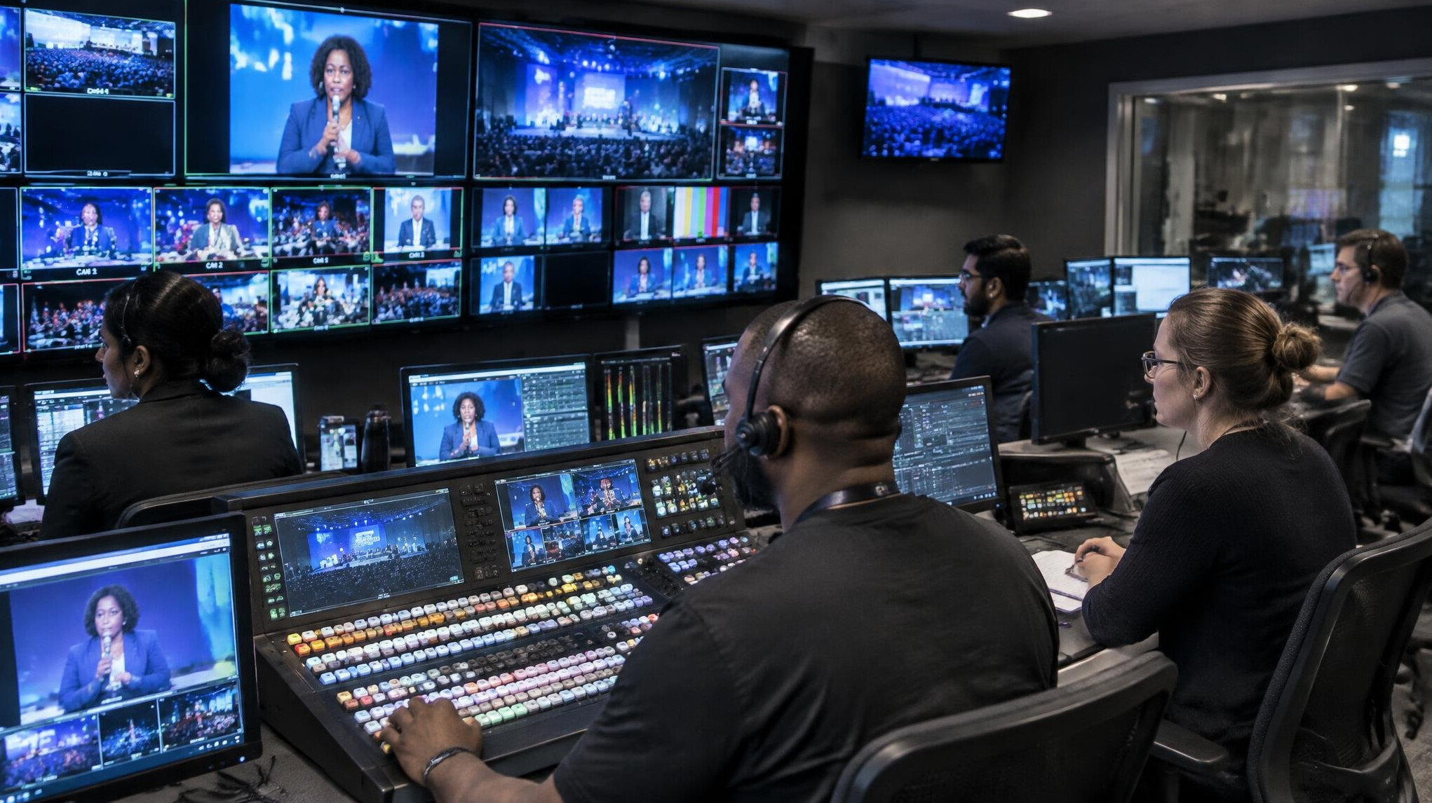 Television control room with multiple camera feeds on screens