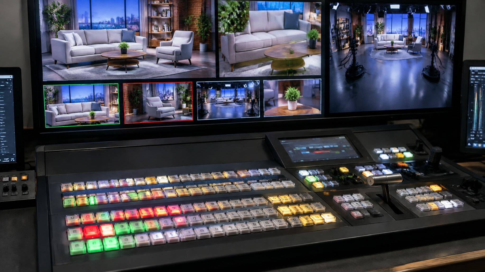 Vision mixer console with multiple live camera feeds on monitors
